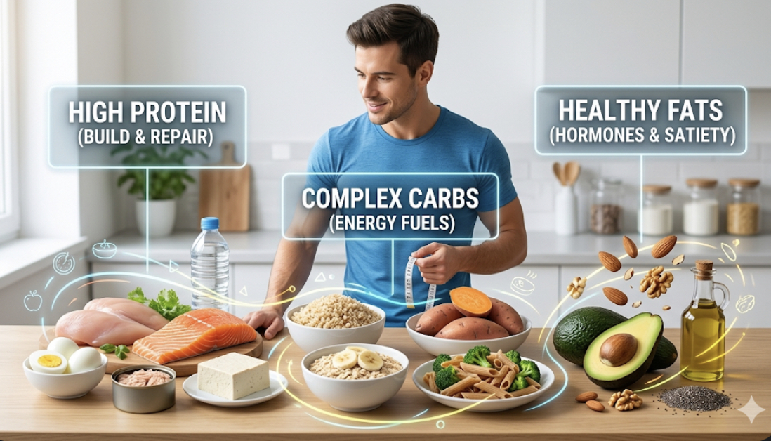Assortment of protein, carb, and fat foods including chicken, eggs, salmon, rice, oats, avocado, nuts, representing macronutrients guide