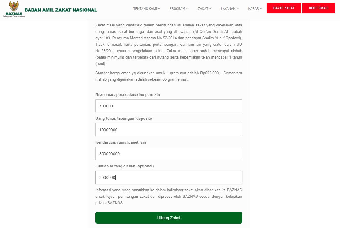Contoh nominal nilai harta yang dimiliki