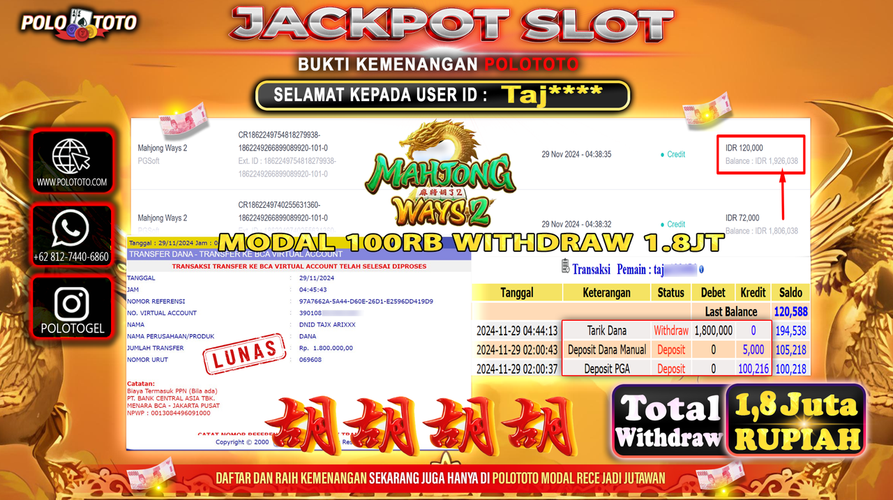 POLOTOTO JACKPOT SLOT MAHJONG WAYS 2 Rp.1,800.000,-