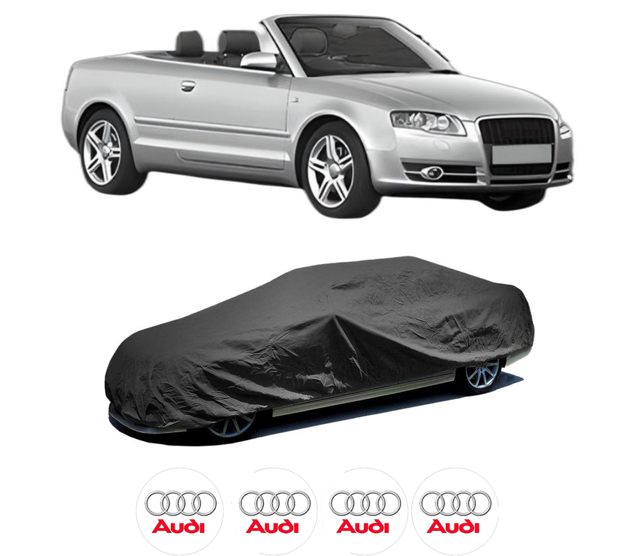 Husa tip prelata auto pentru AUDI A4 B6 Convertible (8H7) din 2002-2005, Culoare Negru, material textil impermeabil, rezistanta la intemperii praf UV, CARPASSION Husa Protectie, 4 Stickere auto cu AUDI