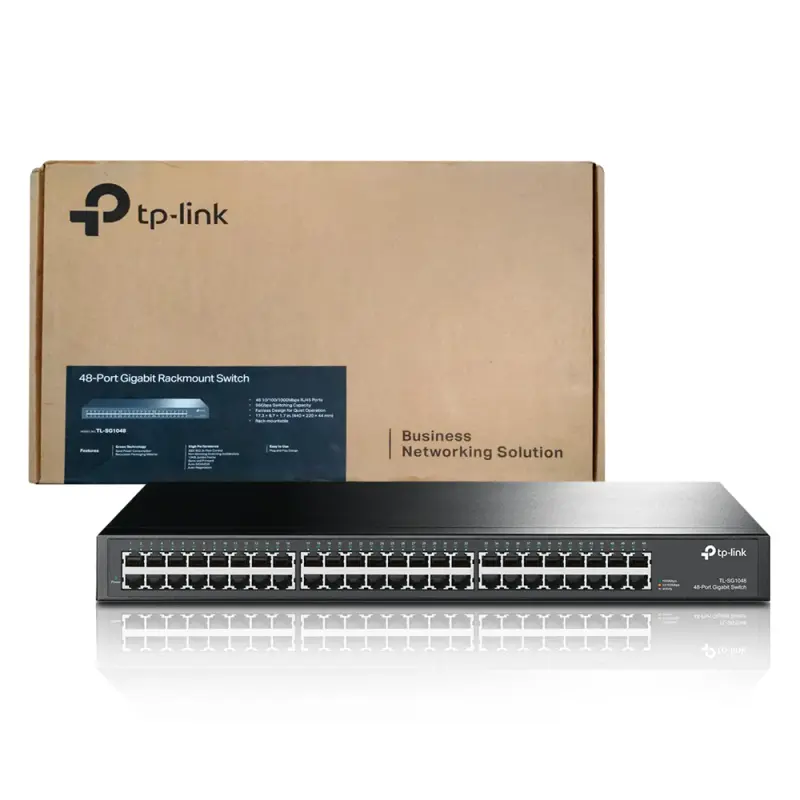 Vista frontal detalhada do Switch TP-Link TL-SG1048, destacando o logo e a numeração das portas.