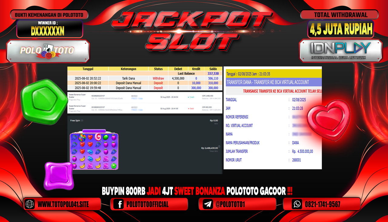 POLOTOTO JACKPOT SLOT SWEET BONANZA SUPER SCATTER Rp.4.500.000,-LUNAS
