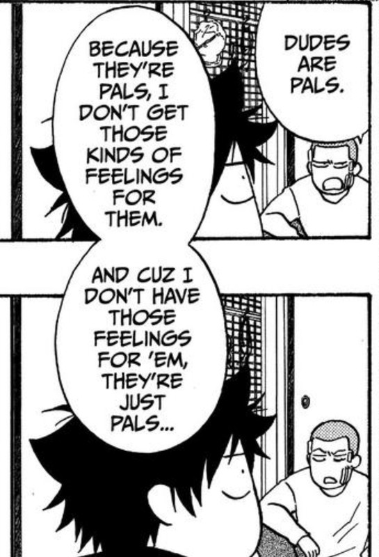 Two panels from the manga Blue Flag. Text reads: "Dudes are pals. Because they're pals, I don't get those kinds of feelings for them. And cuz I don't have those feelings for 'em, they're just pals."