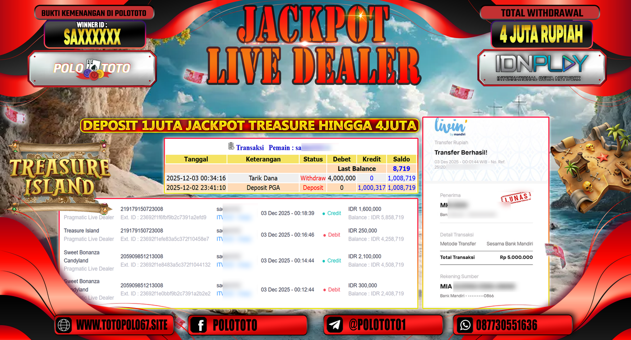 POLOTOTO JACKPOT LIVE DEALER TREASURE ISLAND Rp.4.000.000,- LUNAS