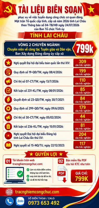 1.412 câu trắc nghiệm thi công chức Lai Châu: Chuyên viên về Tuyên giáo và Dân vận (Vòng 2)