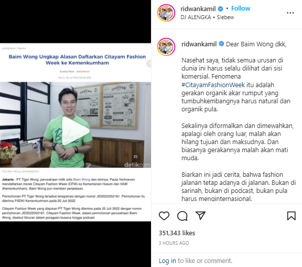Ridwan Kamil turut bersuara setelah Baim Wong daftarkan HAKI Citayam Fashion Week.
