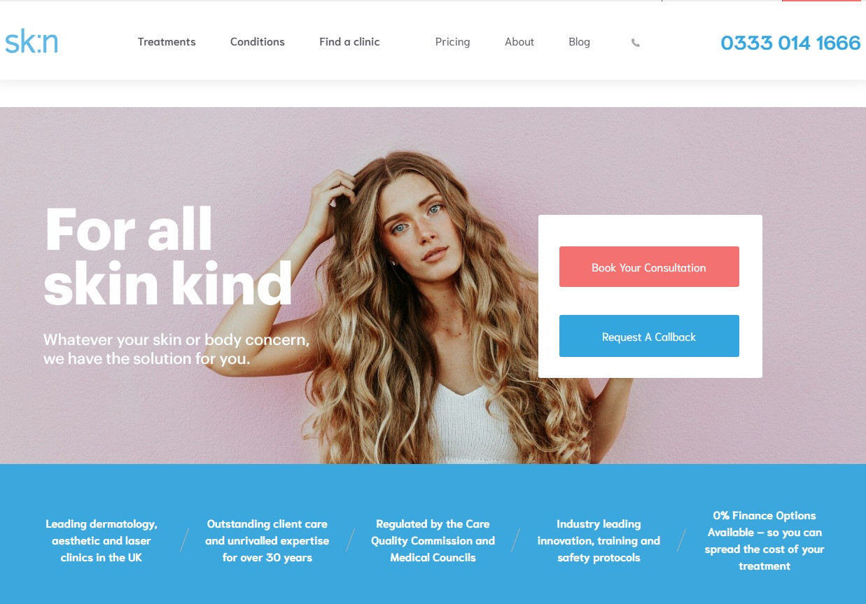 Skin clinics london banner with dermatology and aesthetic care message.