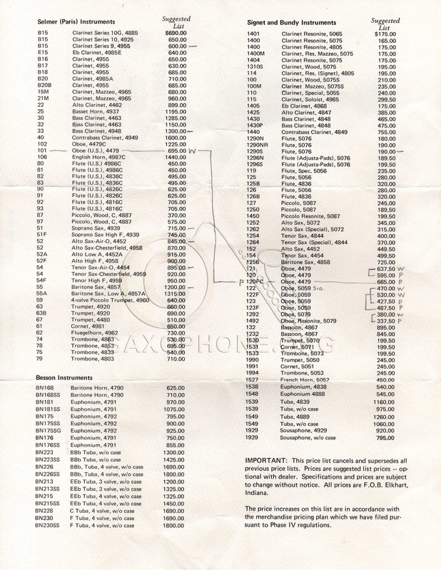 1973 Selmer price list Shows Sliver plated is model 63B same 3 bores