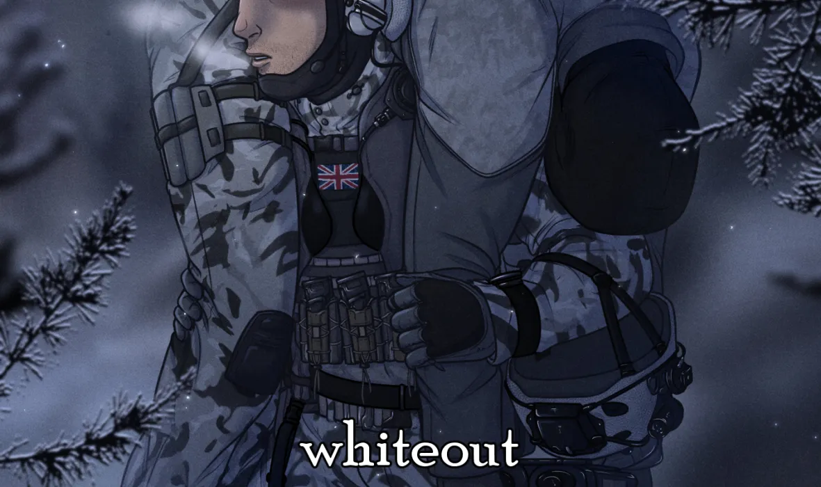 A vignette from 'whiteout' showing John "Soap" MacTavish carrying an unconscious Simon "Ghost" Riley through a winter landscape. Both men are in white camouflage military gear, with Ghost draped across Soap's shoulders.