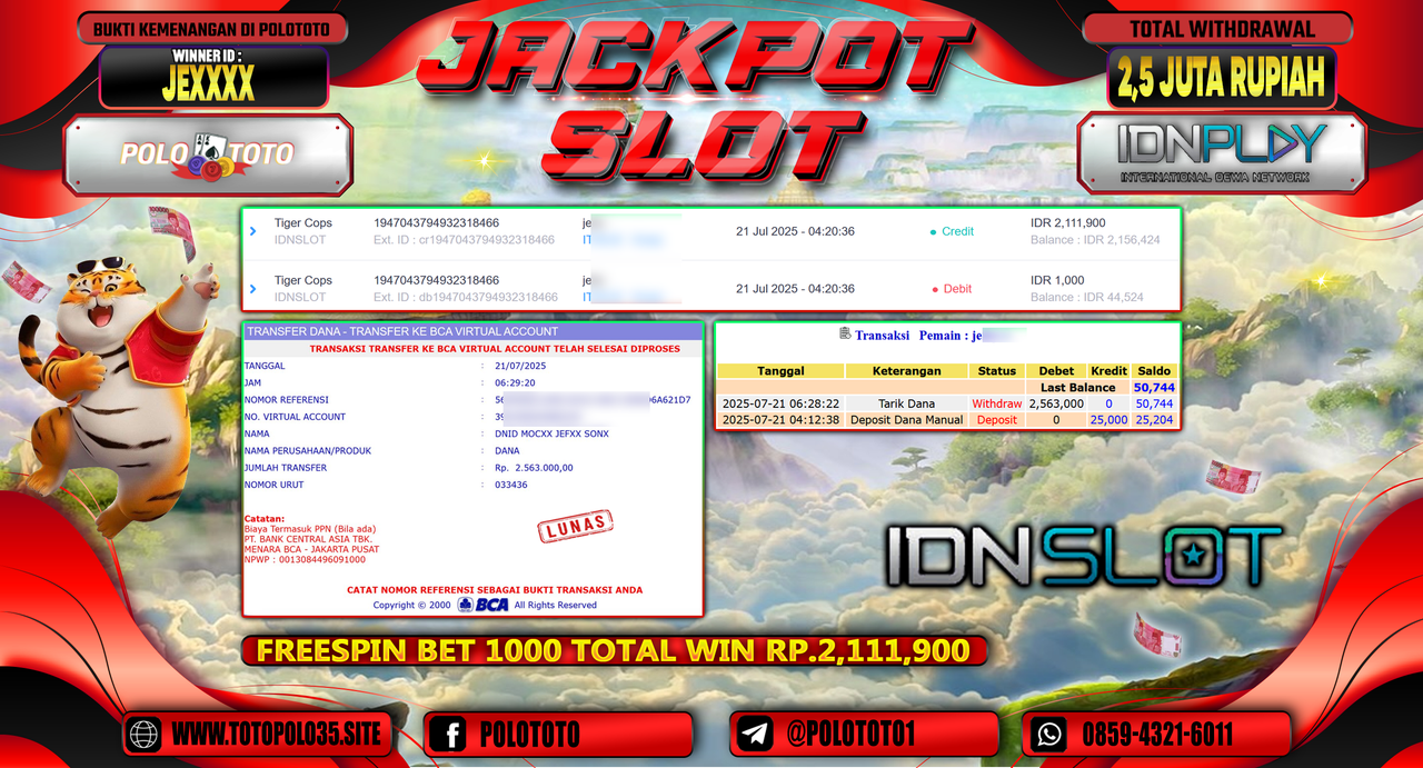 POLOTOTO JACKPOT SLOT TIGER COPS Rp.2.500.000,- LUNAS