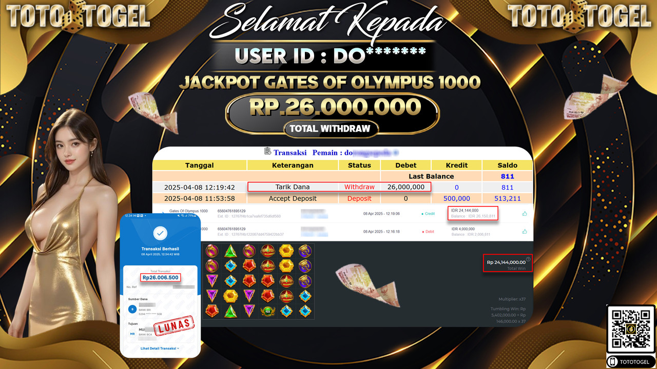 Bukti Pembayaran Jackpot  Permainan Slot Gates Of Olympus 1000 ID:DO****** LUNAS
