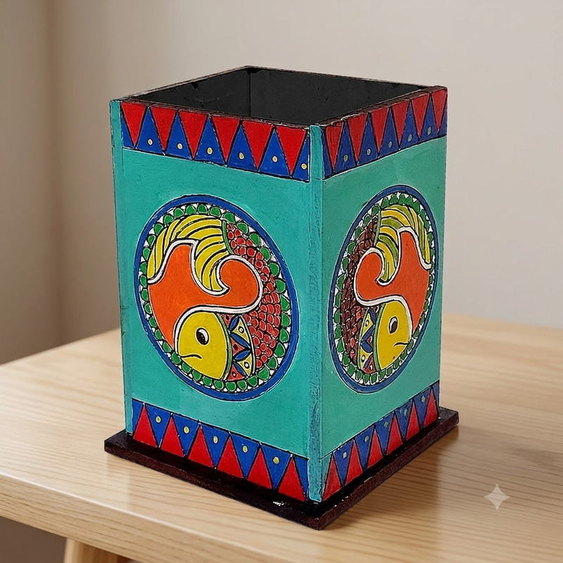 Madhubani painting on Engraved MDF Pen Stand Hobbyist level DIY Kit 