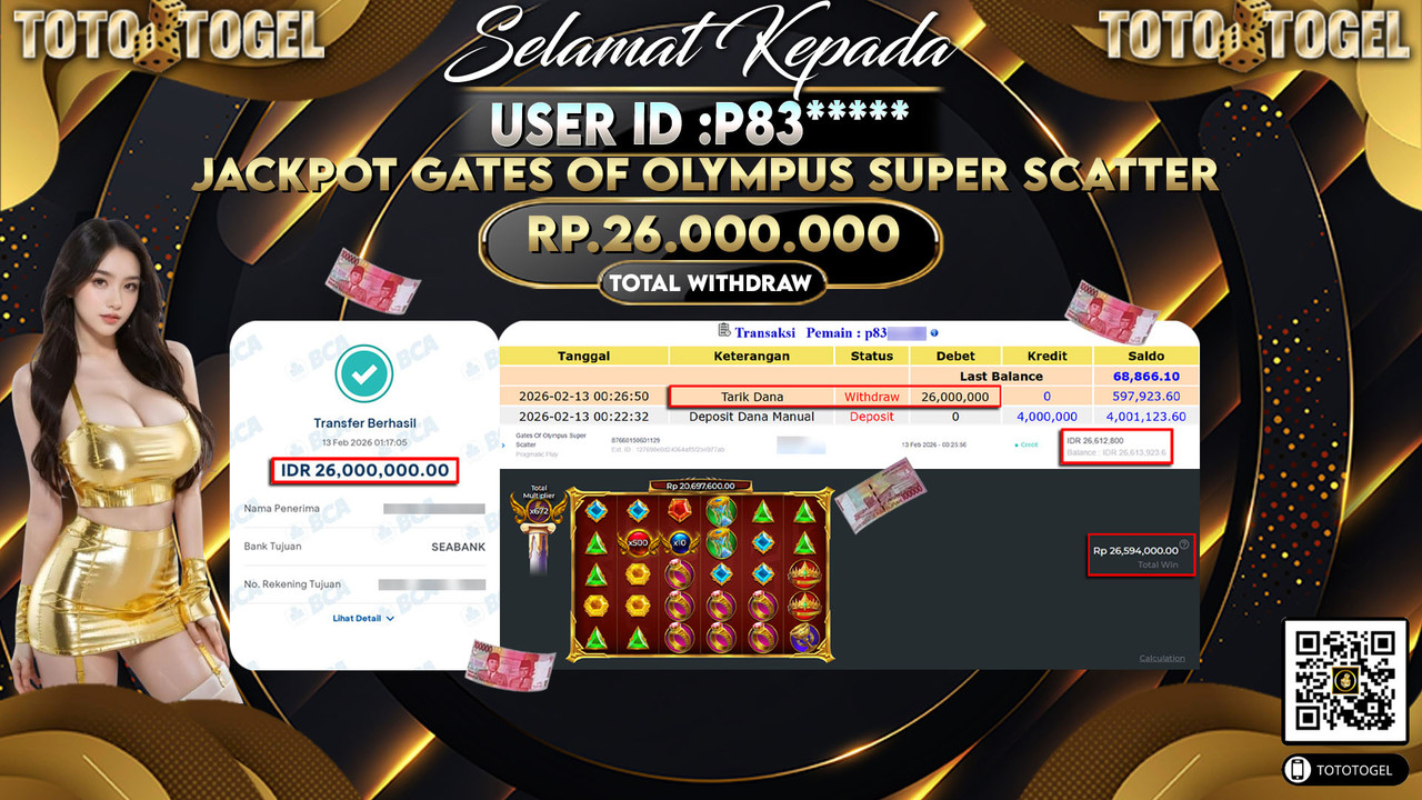 Bukti Pembayaran Jackpot Permainan Slot Gates Of Olympus Super Scatter ID:P83*****LUNAS