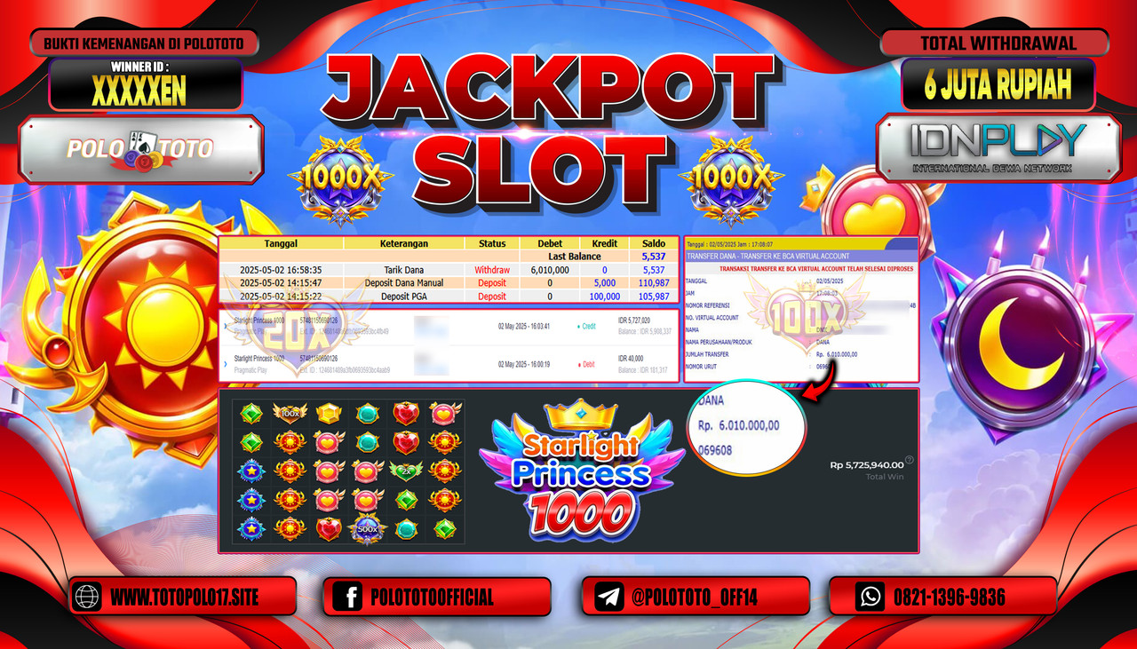 POLOTOTO JACKPOT SLOT STARLIGHT PRINCESS 1000 Rp.6.010.000,-