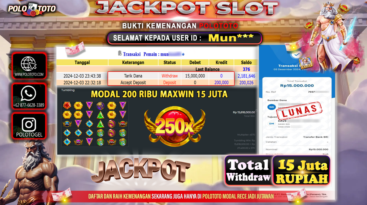 POLOTOTO JACKPOT SLOT GATES OF OLYMPUS Rp.15,000.000,-