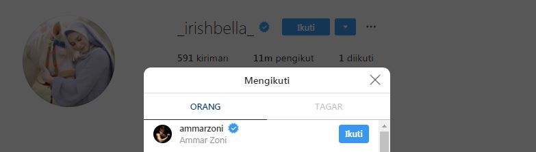 Irish Bella hanya ikuti satu akun milik sang suami, Ammar Zoni
