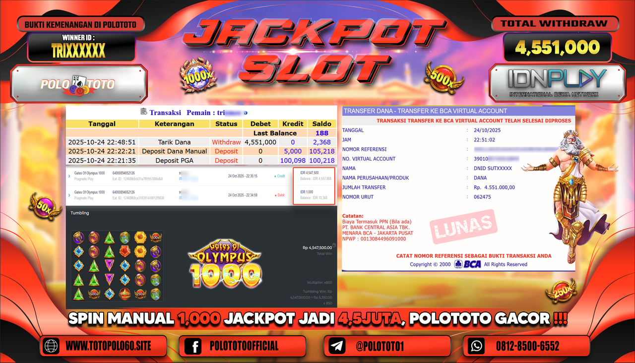 POLOTOTO JACKPOT SLOT GATES OF OLYMPUS 1000 Rp.4.551.000,- LUNAS