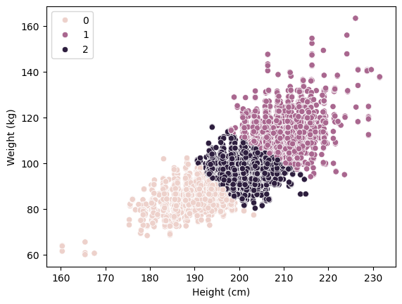 The result scatterplot with points labeled 0 being skin-colored, 2 being dark purple, and 1 being light purple