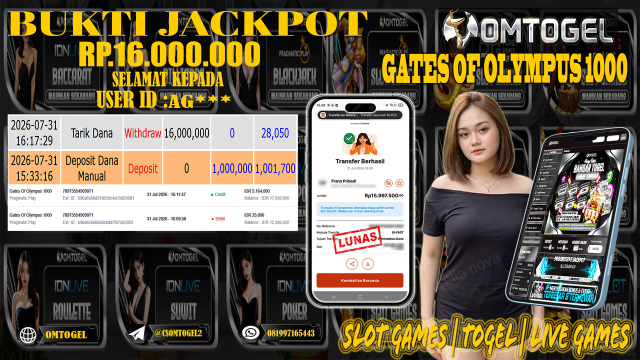 OMTOGEL JACKPOT PRAGMATICPLAY GATES OF OLYMPUS 1000 Rp,16,000,000,- DIBAYAR LUNAS