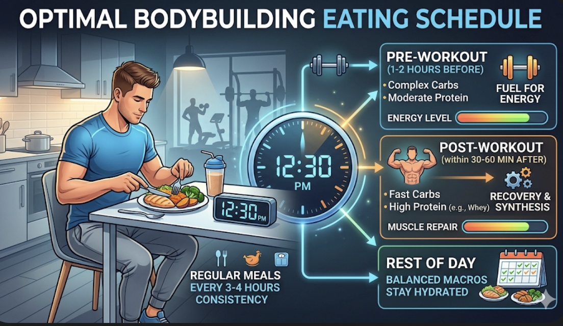 Person eating at table with clock showing meal times 7:30 AM, 12:30 PM, 4:00 PM, 7:30 PM, illustrating best eating schedule bodybuilding and nutrient timing beginners