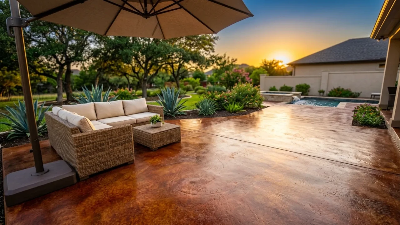 Stained concrete patio in San Antonio backyard protected from UV with outdoor furniture placement