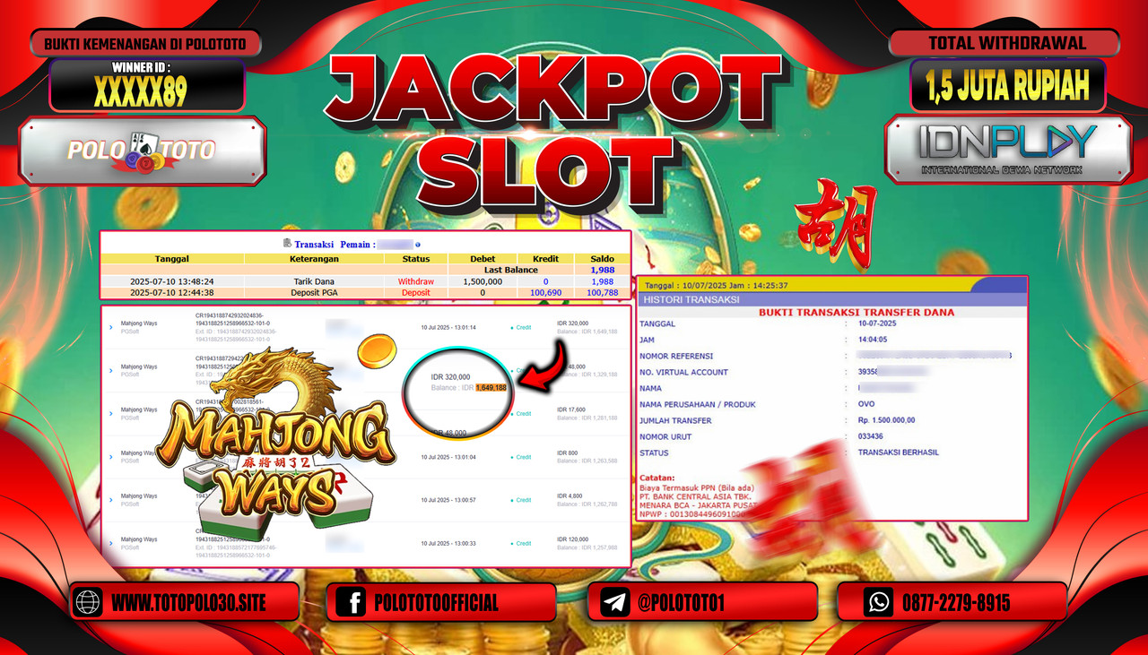 POLOTOTO JACKPOT SLOT MAHJONG WAYS Rp.1.500.000,- LUNAS