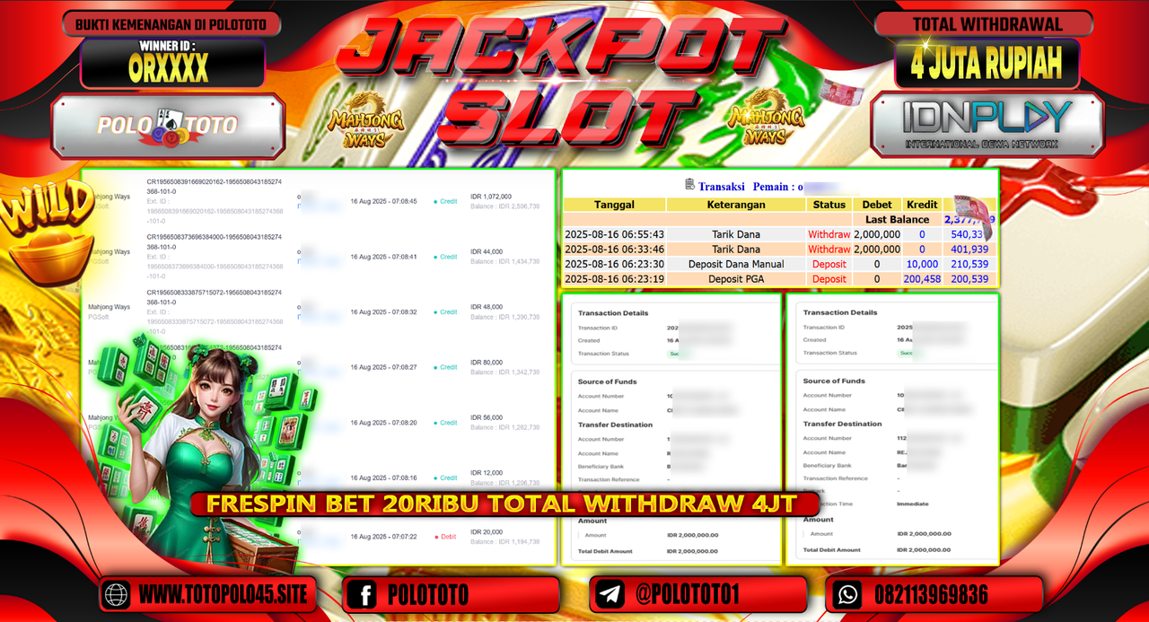 POLOTOTO JACKPOT SLOT MAHJONG WAYS Rp.4.000.000,-