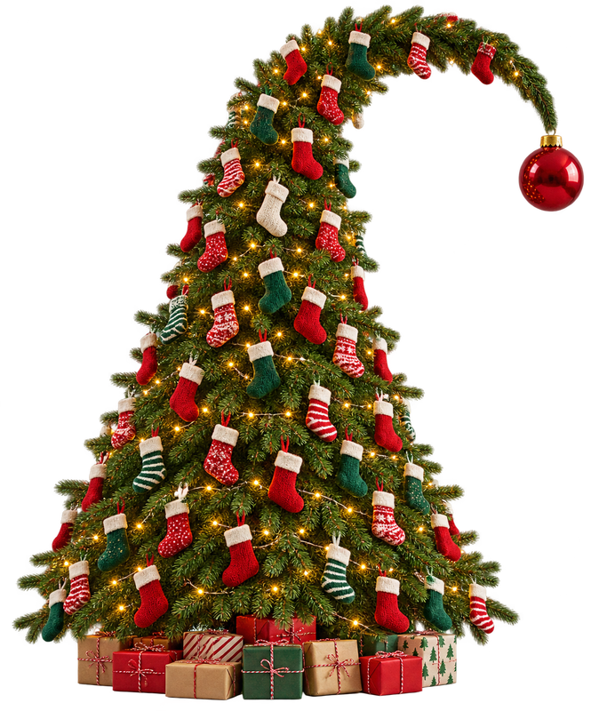 Whimsical Christmas tree with little stockings and a red ball at its curved tip