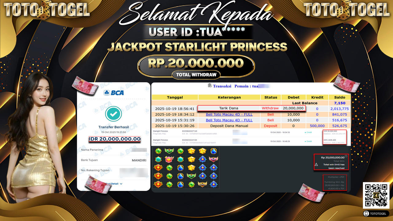 Bukti Pembayaran Jackpot Permainan Slot Starlight Princess  ID:TUA**** LUNAS