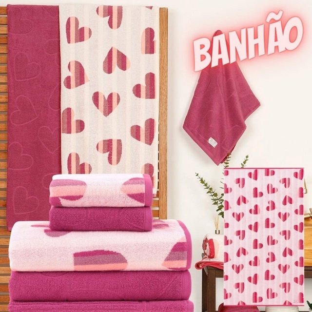 Jogo De Toalha Banhão Fio Tinto Coração Rosa 5 Peças – Casa & Conforto By Buddemeyer – Coleção Amor Infinito