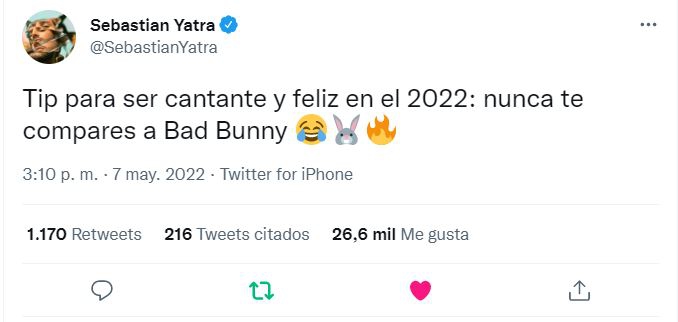 ¿Sebastián Yatra envidia a Bad Bunny? Tweet levanta polémica