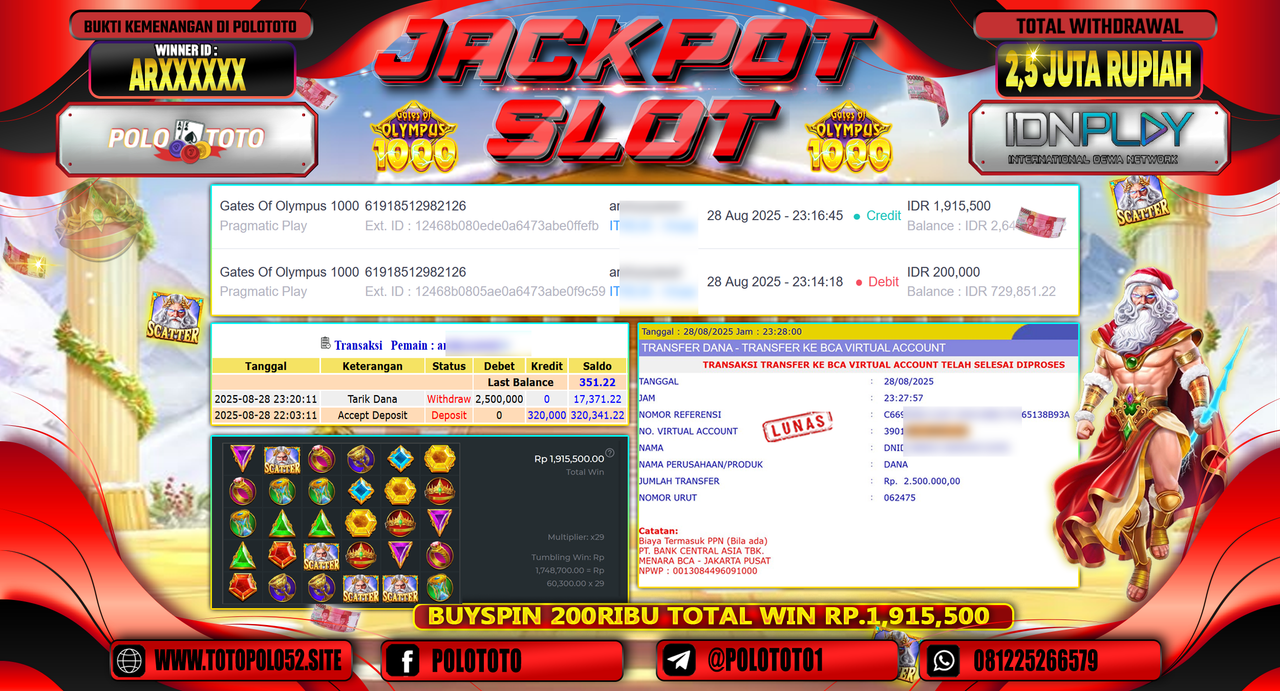 POLOTOTO JACKPOT SLOT GATES OF OLYMPUS 1000 Rp.2.500.000,-