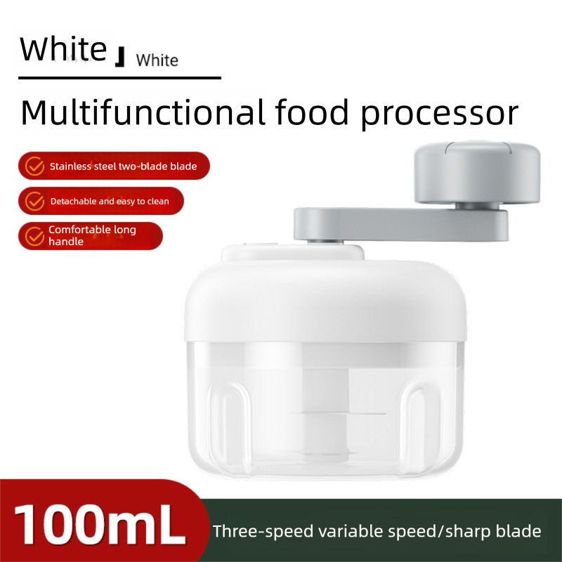 Manual Mini Garlic Chopper & Food Processor 100ml Portable 3-Speed Hand-Crank Mincer – White Edition