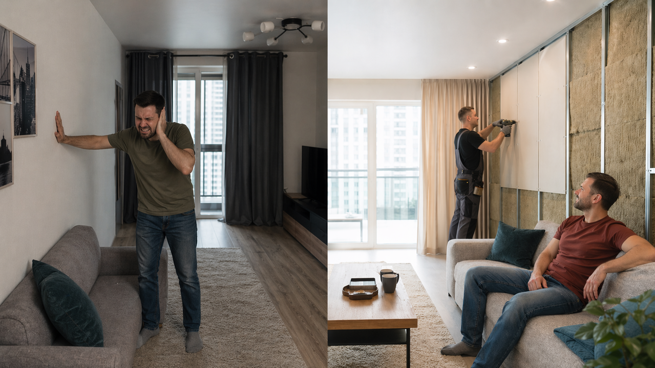 Шумоизоляция до после