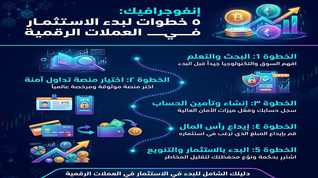 إنفوجرافيك 5 خطوات لبدء الاستثمار في العملات الرقمية للمبتدئين