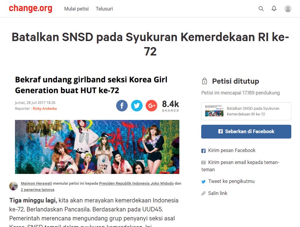 Petisi penolakan SNSD pada syukuran Kemerdekaan RI ke-72