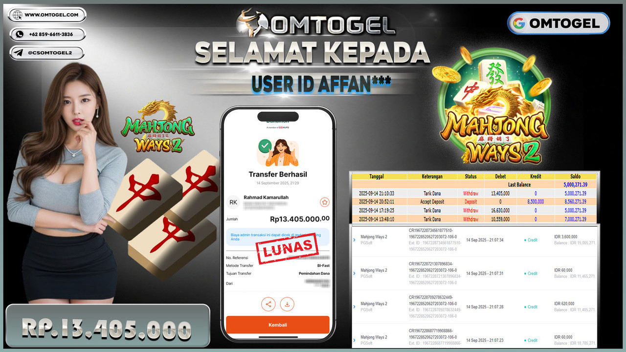 OMTOGEL JACKPOT PGSOFT MAHJONG WAYS 2 13 JUTA DI BAYAR LUNAS ,-