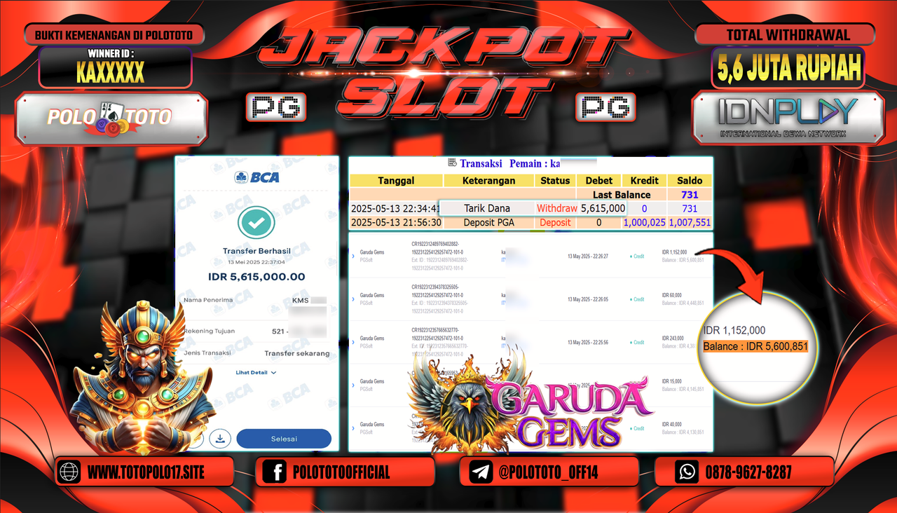 POLOTOTO JACKPOT SLOT GARUDA GEMS Rp.5.615.000,-