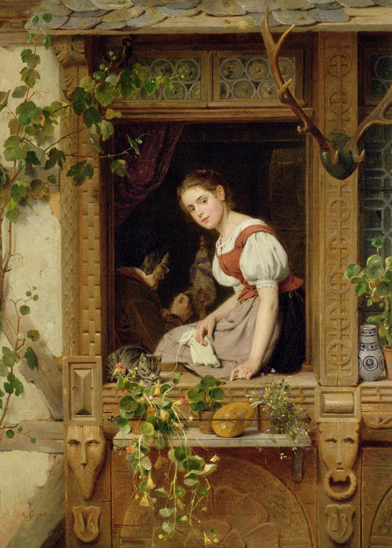 August Friedrich Siegert - Dreaming on the windowsill - (MeisterDrucke-76968)