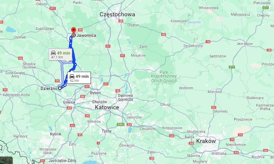 Dzierzno, Pyskowice, Poland to Jawornica, Poland - Google Maps (21.12.2023 13_45)