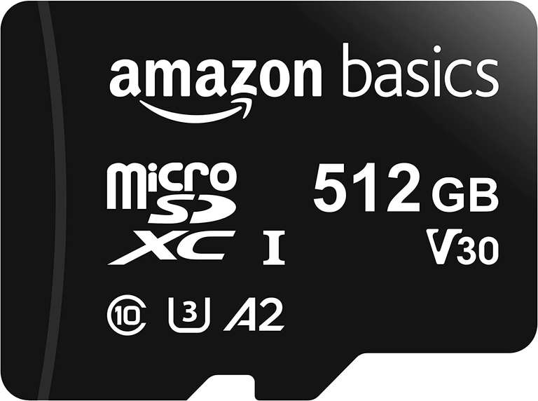 Amazon Basics - Tarjeta de memoria microSDXC de 512 GB con adaptador de tamaño completo, 100 MB/s, U3 
