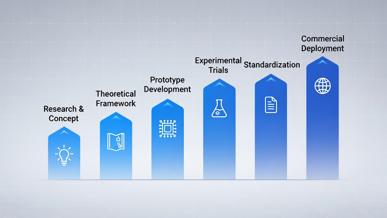 Timeline showing 6G technology development phases from research to deployment