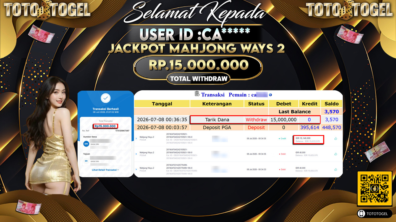 Bukti Pembayaran Jackpot Permainan Slot Mahjong Ways 2 ID:CA*****LUNAS