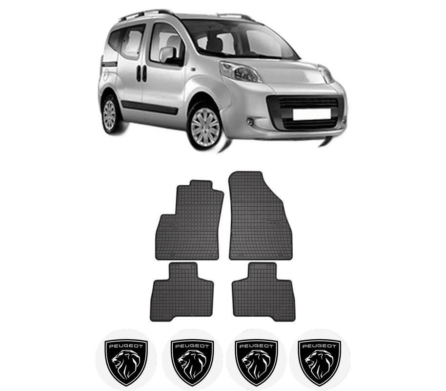 Set covorase presuri PEUGEOT BIPPER TEPEE din 2008-2010, auto, din cauciuc thermoplastic, 4 Stickere auto cu PEUGEOT