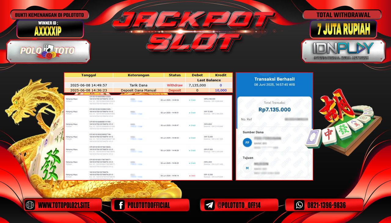 POLOTOTO JACKPOT SLOT MAHJONG WAYS Rp.7.000.000,- LUNAS