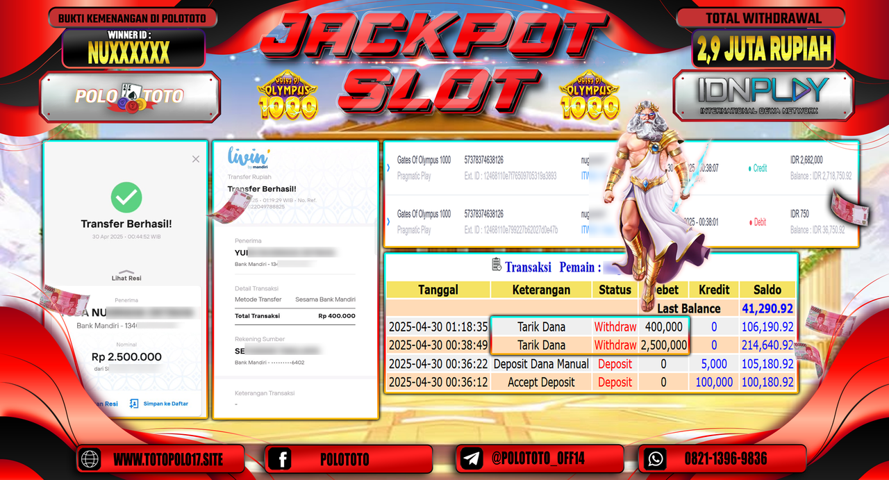 POLOTOTO JACKPOT SLOT GATES OF OLYMPUS 1000 Rp.2.900.000,-