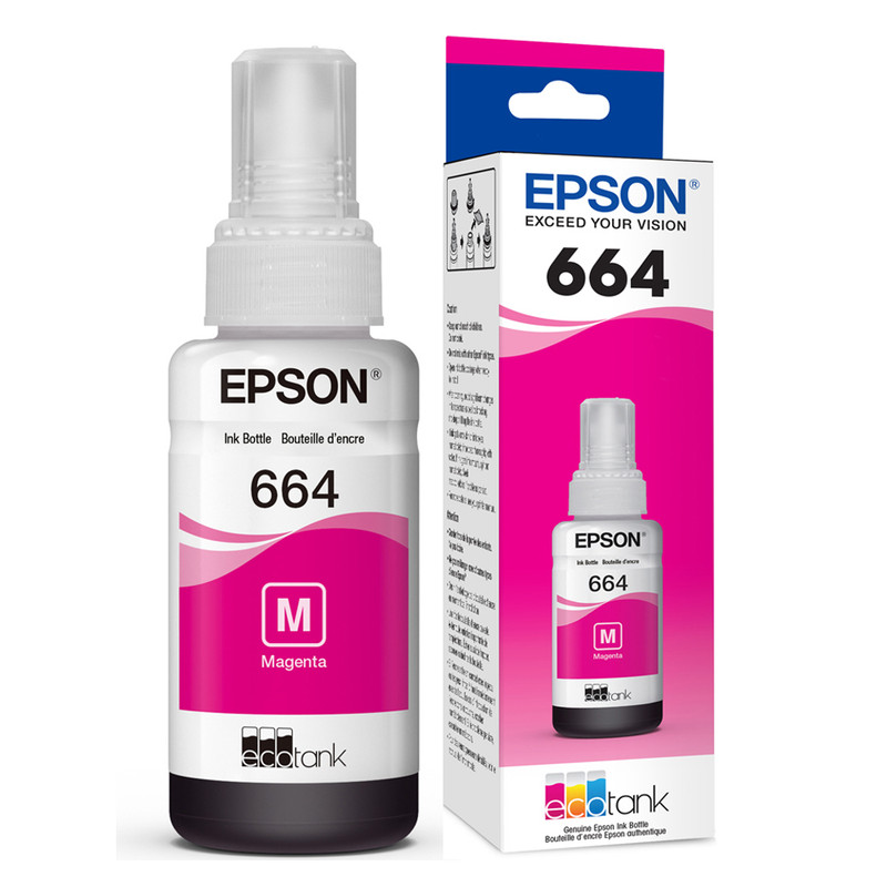 Botella de tinta original Epson 664 de color magenta.