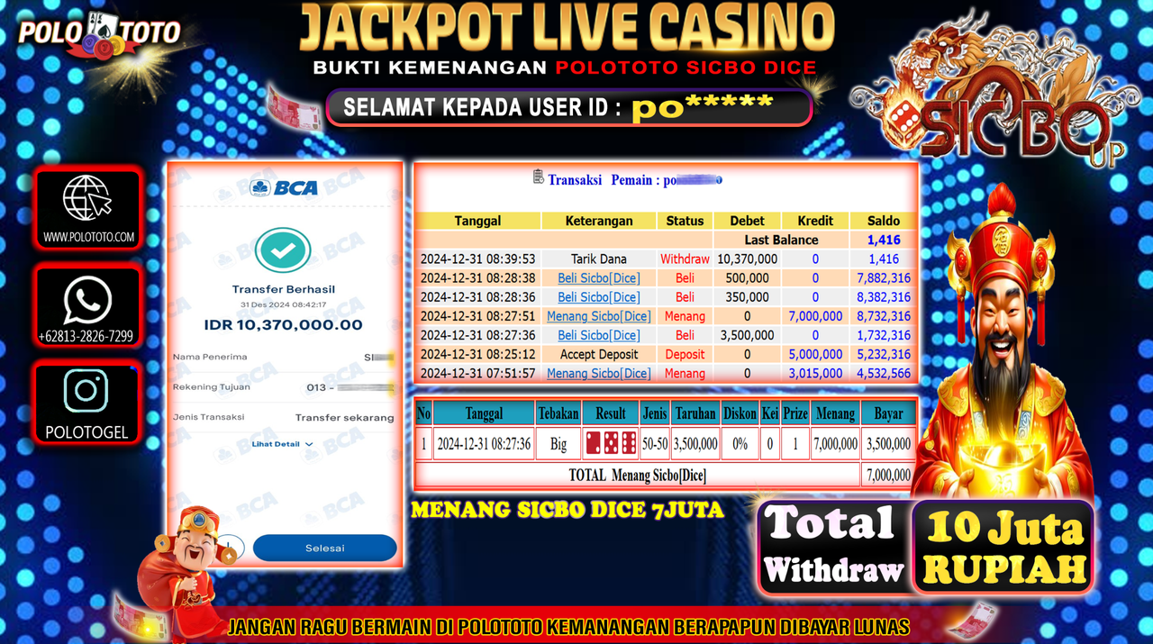 POLOTOTO JACKPOT LIVE CASINO SICBO DICE Rp.10,370.000,-