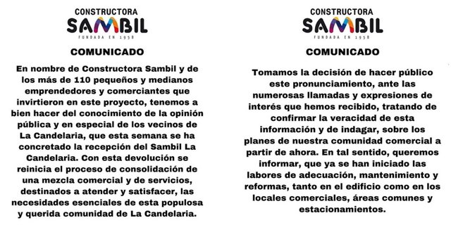 Gobierno venezolano devuelve a sus dueños el Centro Comercial Sambil de la Candelaria: la empresa comenzó rehabilitación Comunicado-sambil