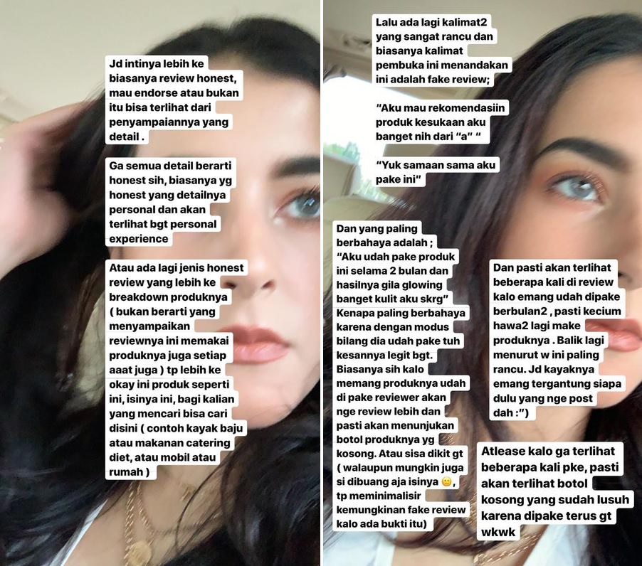 Tasya Farasya memberikan contoh review-review palsu soal produk kecantikan 